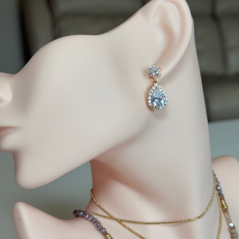 Gold Teardrop Earrings with Clear Crystal